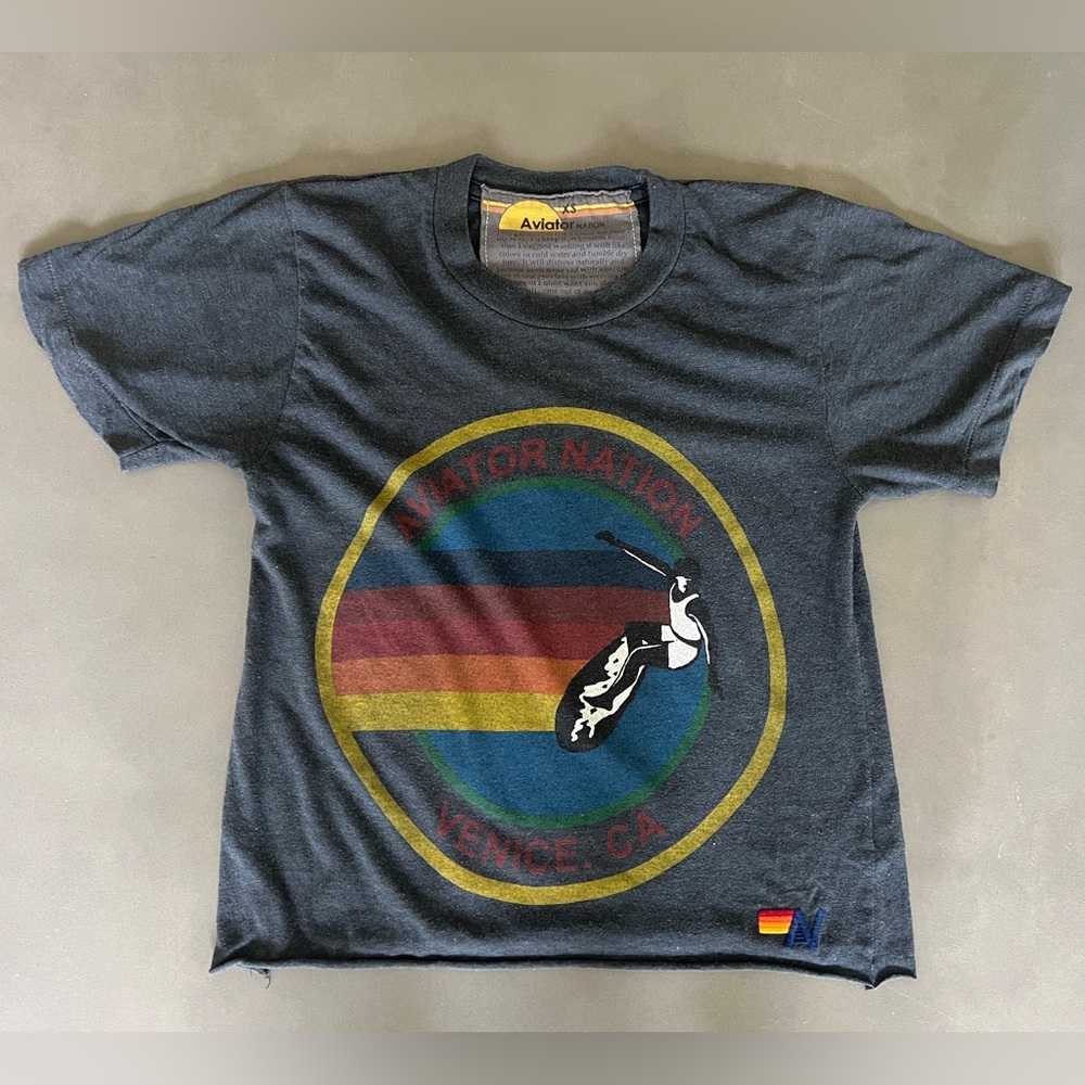 Aviator Nation Venice Surfer Tee Shirt Rainbow Stripes Size XS Made in USA